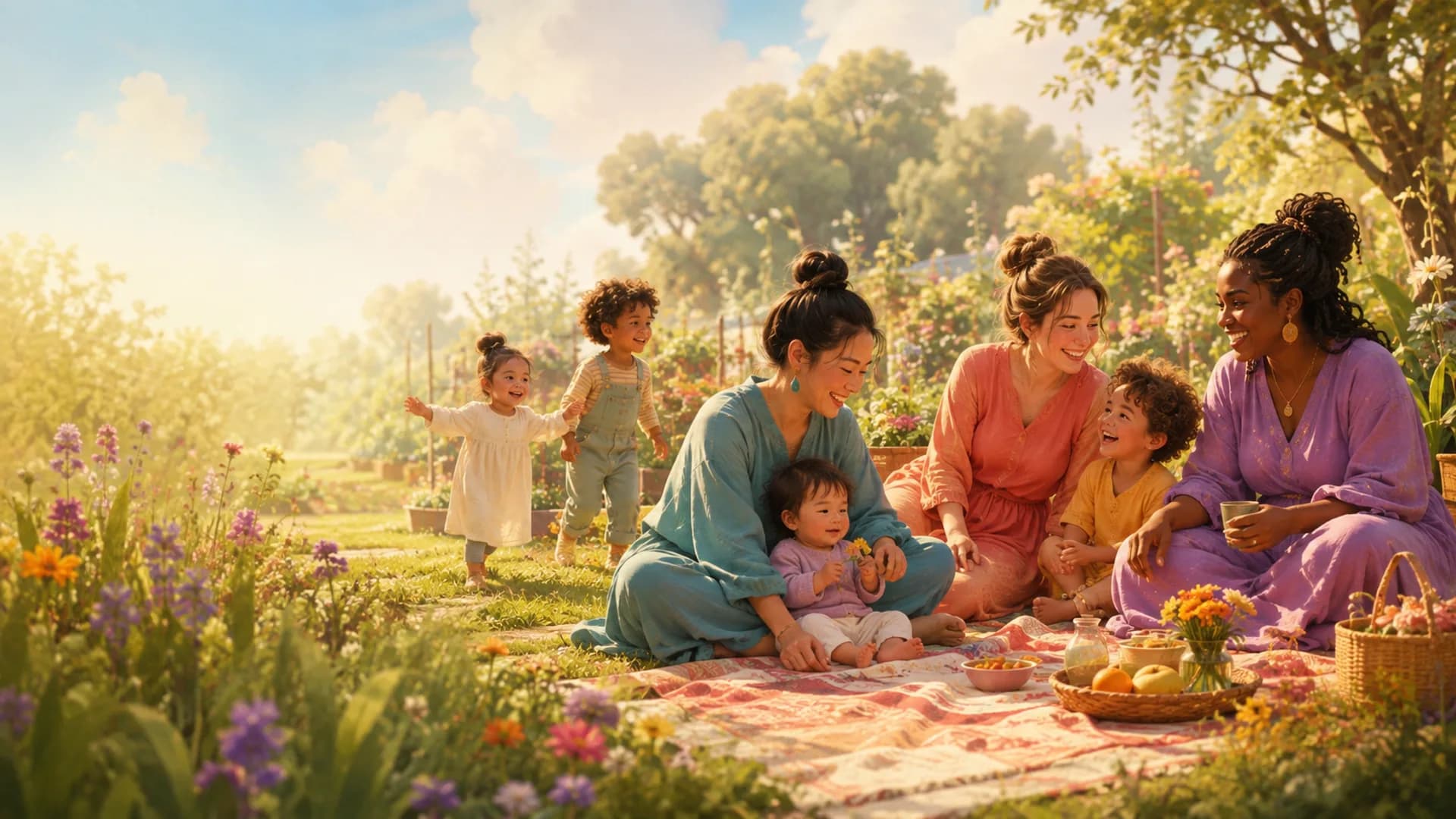 Mothers and children sharing a joyful afternoon in a garden